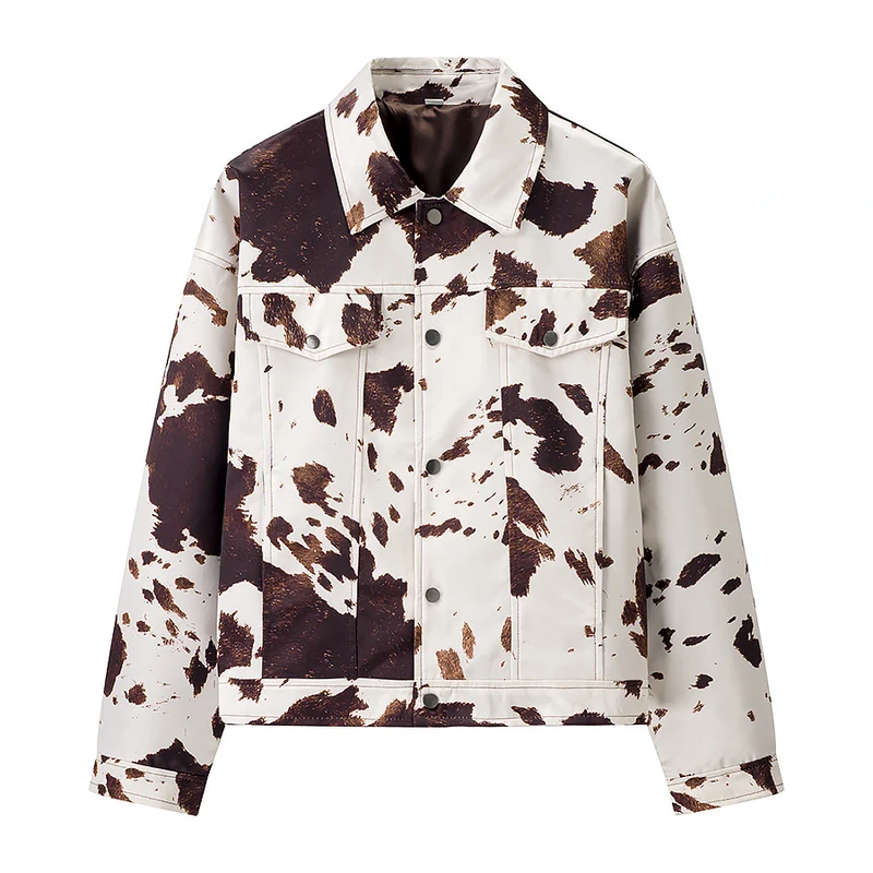 Damen Gekürzte Hemdjacke mit Kuhfleckenmuster und aufgesetzten Brusttaschen Drune