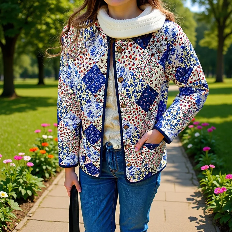 Damen Gefütterter Patchwork‑Steppmantel mit floralen Einsätzen und aufgesetzten Taschen Drune