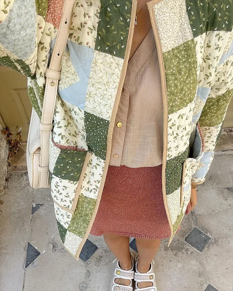Damen Gefütterter Patchwork‑Steppmantel mit floralen Einsätzen und aufgesetzten Taschen Drune
