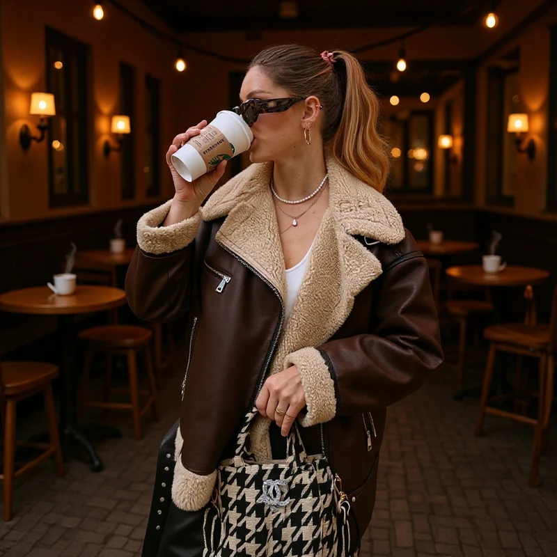 Damen Gefütterte Fliegerjacke im Aviator‑Stil mit Teddyfutter und Reißverschluss Drune