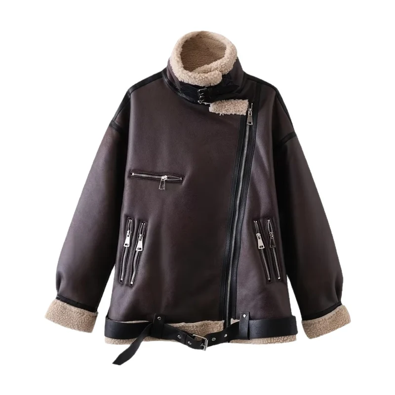 Damen Gefütterte Fliegerjacke im Aviator‑Stil mit Teddyfutter und Reißverschluss Drune