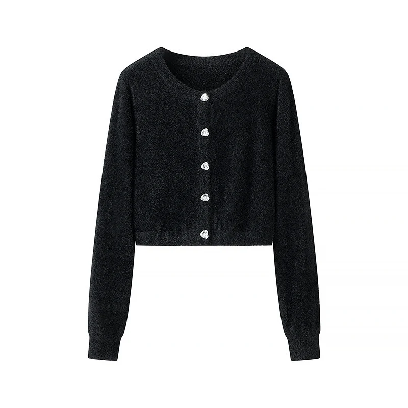 Damen Flauschige Cropped-Strickjacke mit Rundhals und Zierknopfleiste Drune