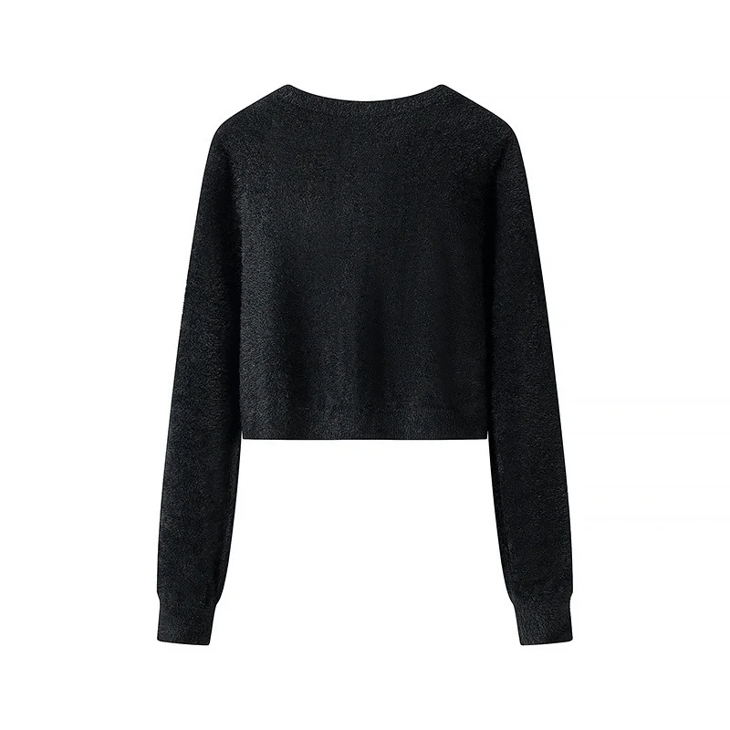 Damen Flauschige Cropped-Strickjacke mit Rundhals und Zierknopfleiste Drune