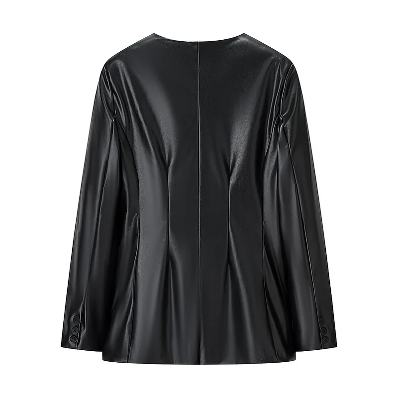 Damen Figurnaher Blazerjacke in Lederoptik mit Single‑Button und konturierenden Abnähern Drune