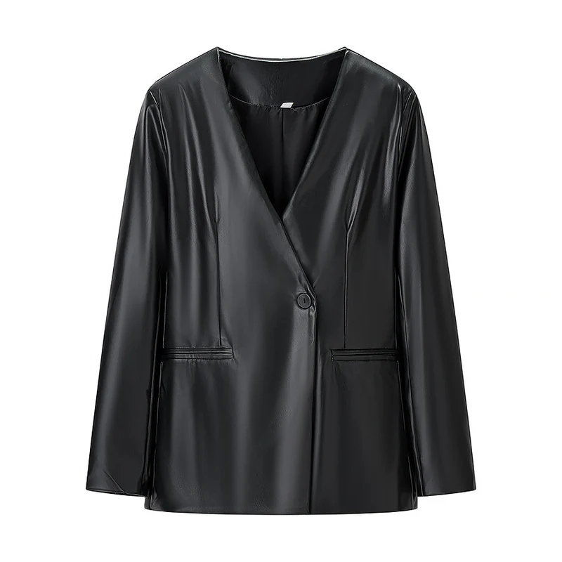Damen Figurnaher Blazerjacke in Lederoptik mit Single‑Button und konturierenden Abnähern Drune