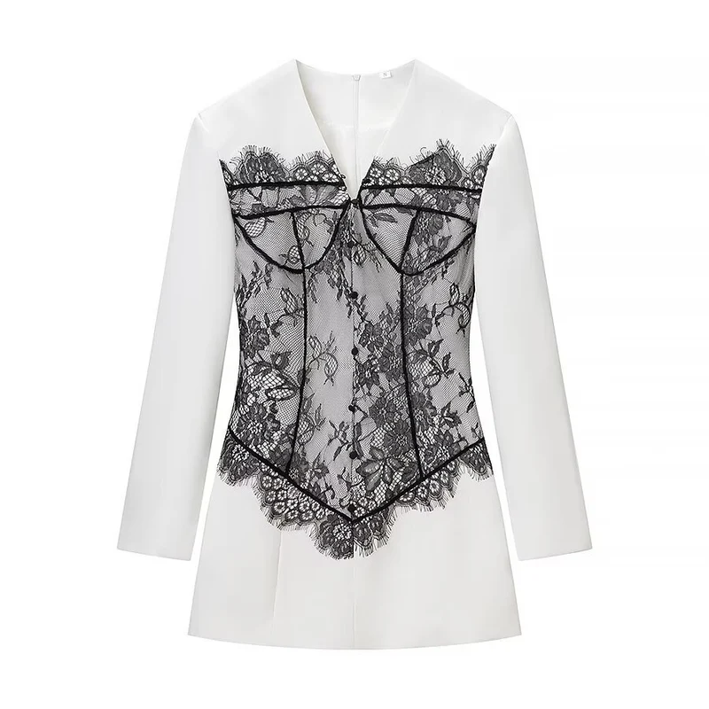 Damen Figurbetontes Minikleid mit Korsagen‑Optik und Spitzenapplikation Drune