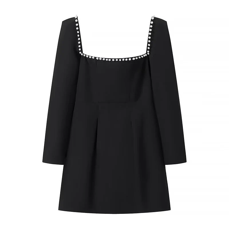 Damen Figurbetontes A‑Linien‑Minikleid mit quadratischem Ausschnitt, langen Ärmeln und Perlenbesatz Drune