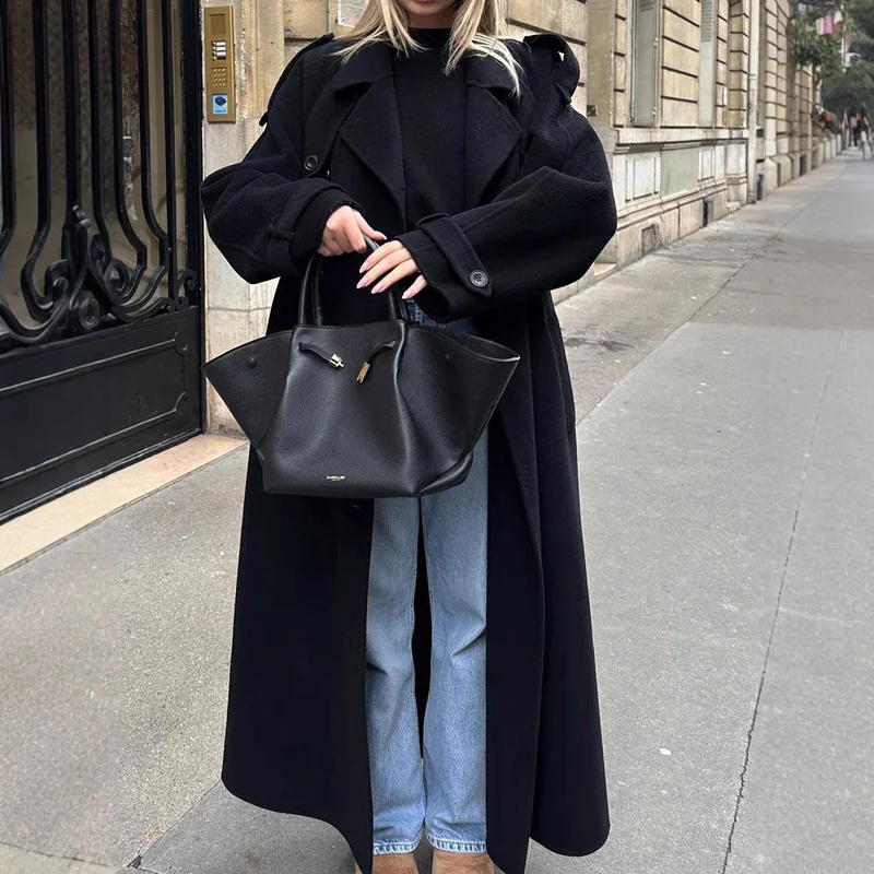 Damen Extravagant geschnittener Oversize-Wollmantel mit Schulterklappen und weitem Schalkragen Drune