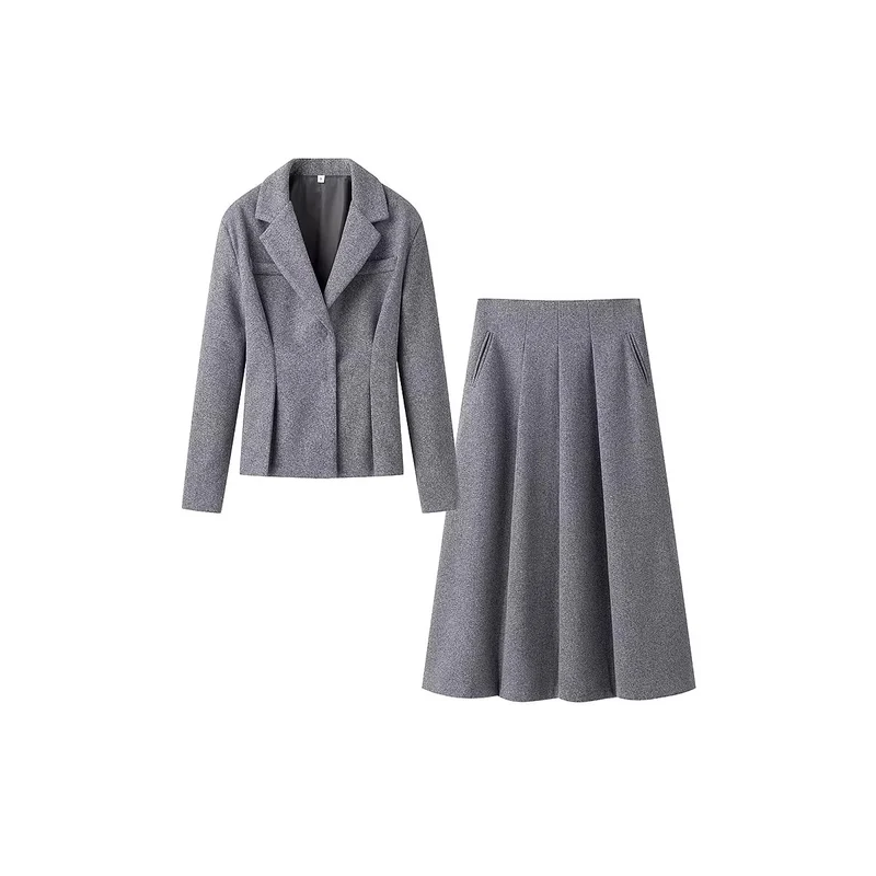 Damen Elegantes Wollmix-Kostüm mit tailliertem Kurzblazer und ausgestelltem Midirock Drune
