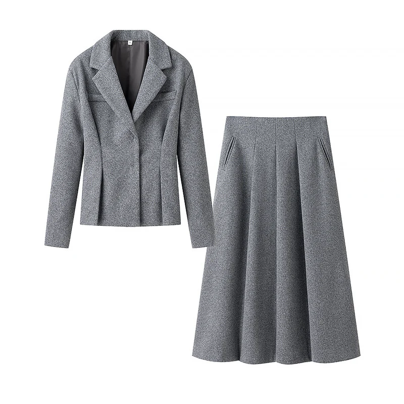 Damen Elegantes Wollmix-Kostüm mit tailliertem Kurzblazer und ausgestelltem Midirock Drune