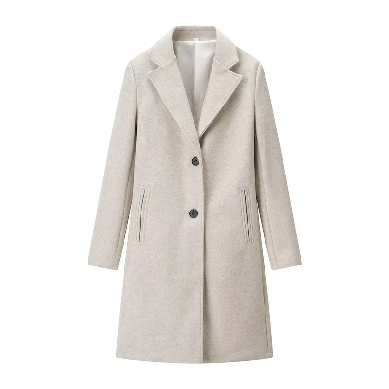 Damen Eleganter Longline-Wollmixmantel mit Reverskragen und Leistentaschen Drune