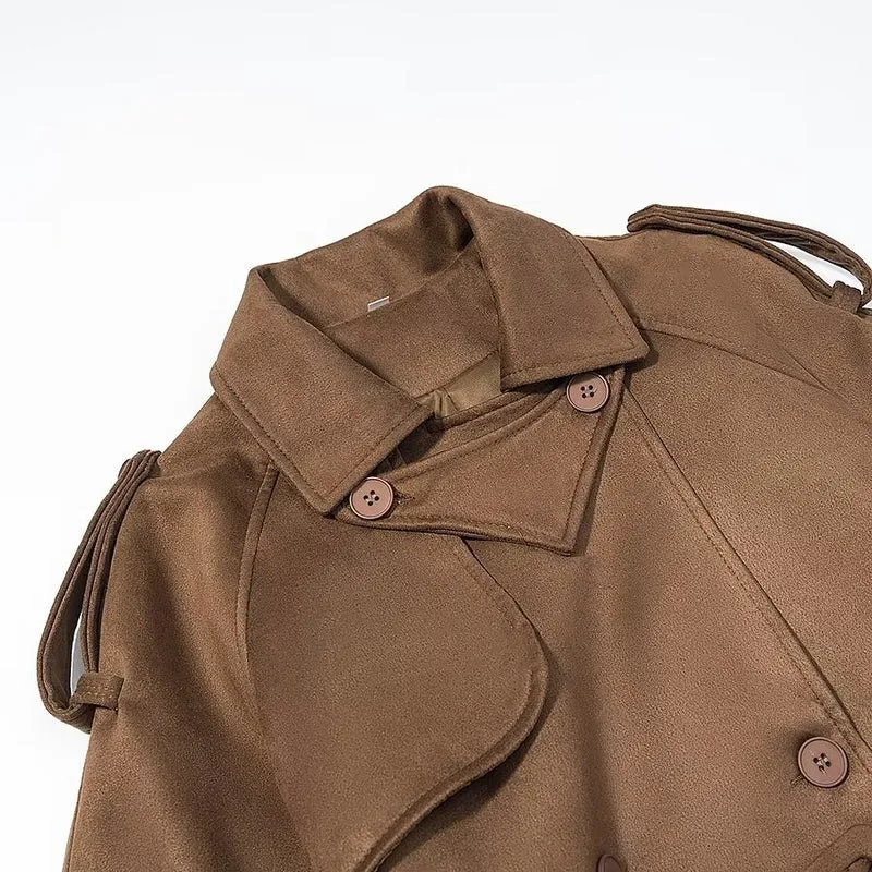 Damen Eleganter langer Taillentrenchcoat mit doppelreihiger Knopfleiste und ausgestelltem Saum Drune