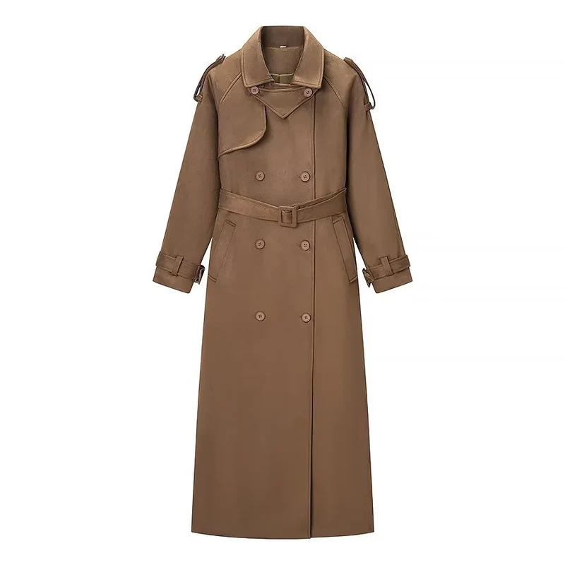 Damen Eleganter langer Taillentrenchcoat mit doppelreihiger Knopfleiste und ausgestelltem Saum Drune