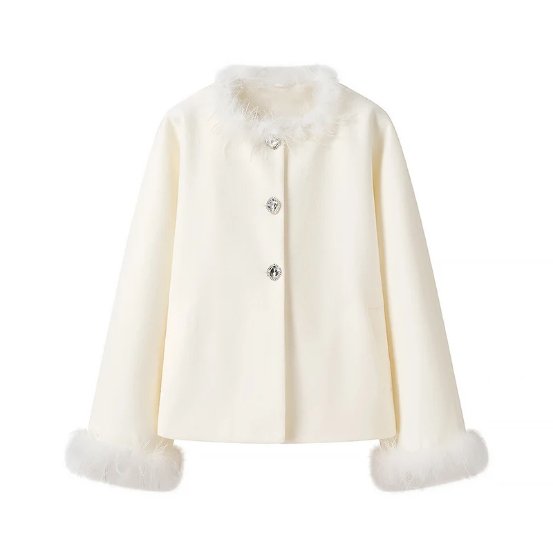 Damen Eleganter Kurzmantel mit Kunstfederbesatz und Schmuckknöpfen Drune