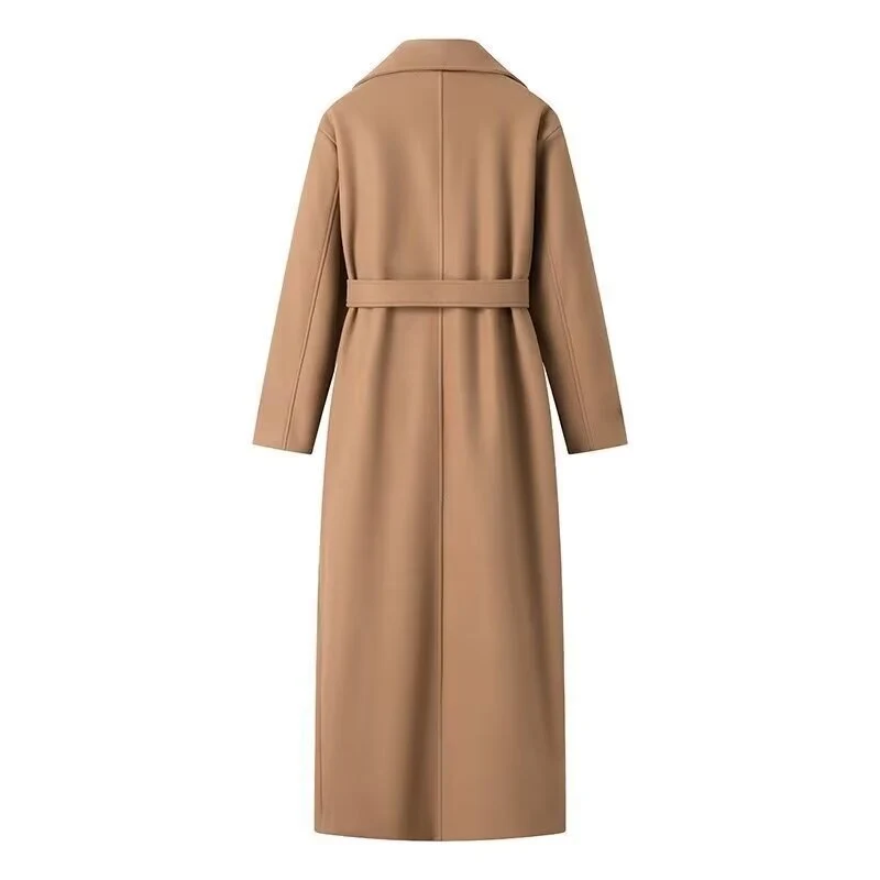 Damen Doppelreihiger Maxilanger Trenchcoat mit Bindegürtel und Cape-Überwurf Drune
