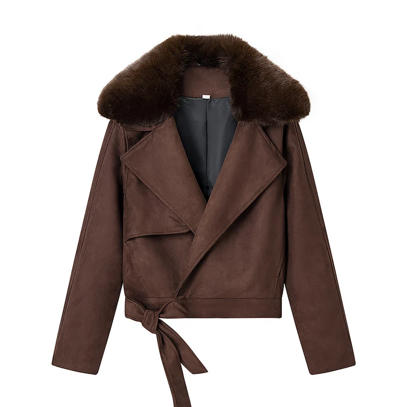 Damen Cropped-Motorjacke aus Wildlederoptik mit voluminösem Teddykragen Drune