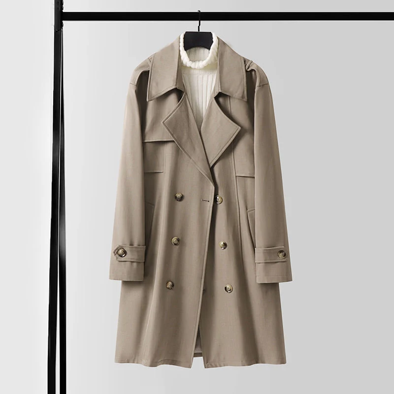 Damen Moderner Kurzmantel im Trench‑Stil mit doppelreihiger Knopfleiste und Epauletten Drune