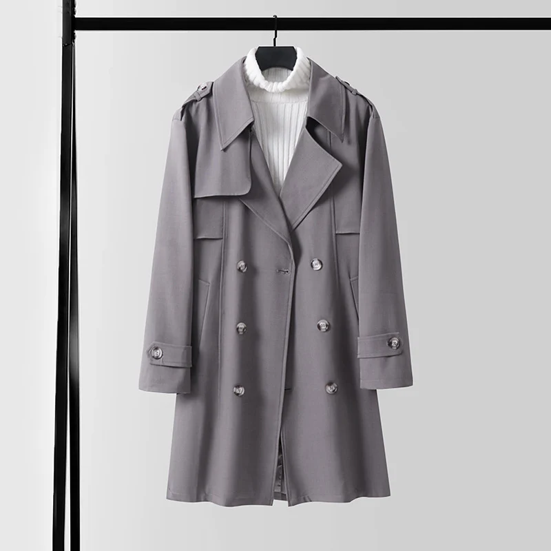Damen Moderner Kurzmantel im Trench‑Stil mit doppelreihiger Knopfleiste und Epauletten Drune