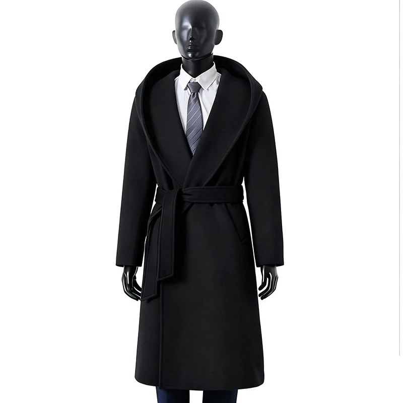 Damen Maxilanger Kapuzenmantel aus Wollmix mit Bindegürtel und weichem Innenfutter Drune