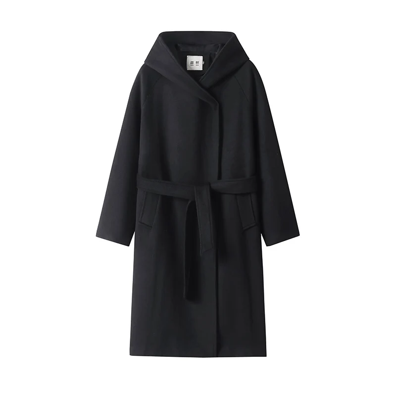 Damen Maxi-Mantel mit überzogener Kapuze, Bindegürtel und minimalistischer Wollmix‑Silhouette Drune