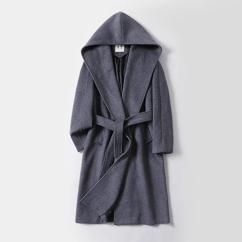 Damen Maxi-Mantel mit überzogener Kapuze, Bindegürtel und minimalistischer Wollmix‑Silhouette Drune