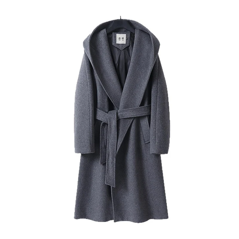 Damen Maxi-Mantel mit überzogener Kapuze, Bindegürtel und minimalistischer Wollmix‑Silhouette Drune