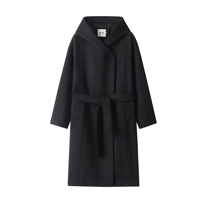 Damen Maxi-Mantel mit überzogener Kapuze, Bindegürtel und minimalistischer Wollmix‑Silhouette Drune