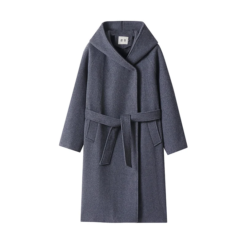 Damen Maxi-Mantel mit überzogener Kapuze, Bindegürtel und minimalistischer Wollmix‑Silhouette Drune