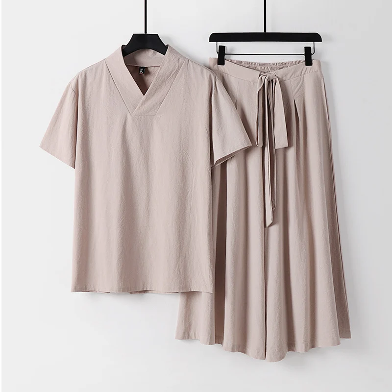 Damen Leichtes Loungewear-Set mit V-Ausschnitt-Shirt und weit schwingendem Midirock mit Kordelzug Drune