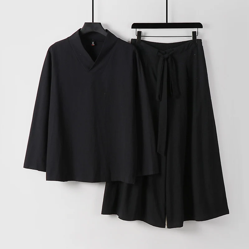 Damen Leichtes Leinen-Baumwoll Loungewear-Set mit V-Ausschnitt, weitem Midirock und Bindegürtel Drune