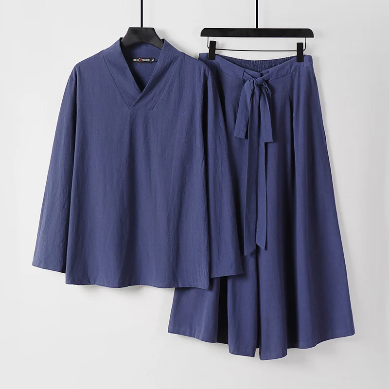 Damen Leichtes Leinen-Baumwoll Loungewear-Set mit V-Ausschnitt, weitem Midirock und Bindegürtel Drune