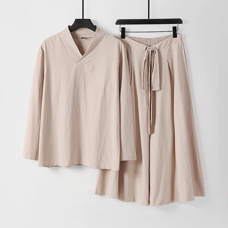 Damen Leichtes Leinen-Baumwoll Loungewear-Set mit V-Ausschnitt, weitem Midirock und Bindegürtel Drune