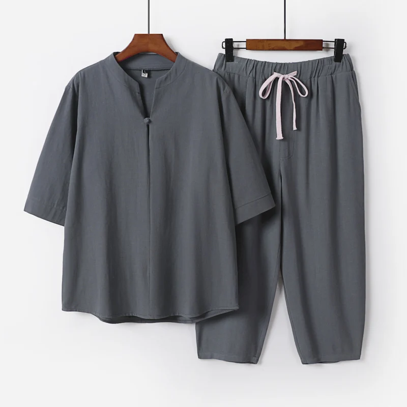 Damen Leichtes Leinen-Baumwoll-Loungewear-Set mit Stehkragen, Dreiviertelärmeln und Gummizugbundhose Drune