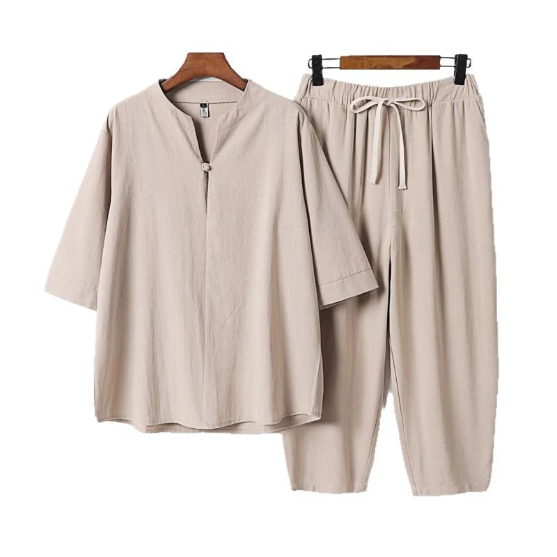 Damen Leichtes Leinen-Baumwoll-Loungewear-Set mit Stehkragen, Dreiviertelärmeln und Gummizugbundhose Drune