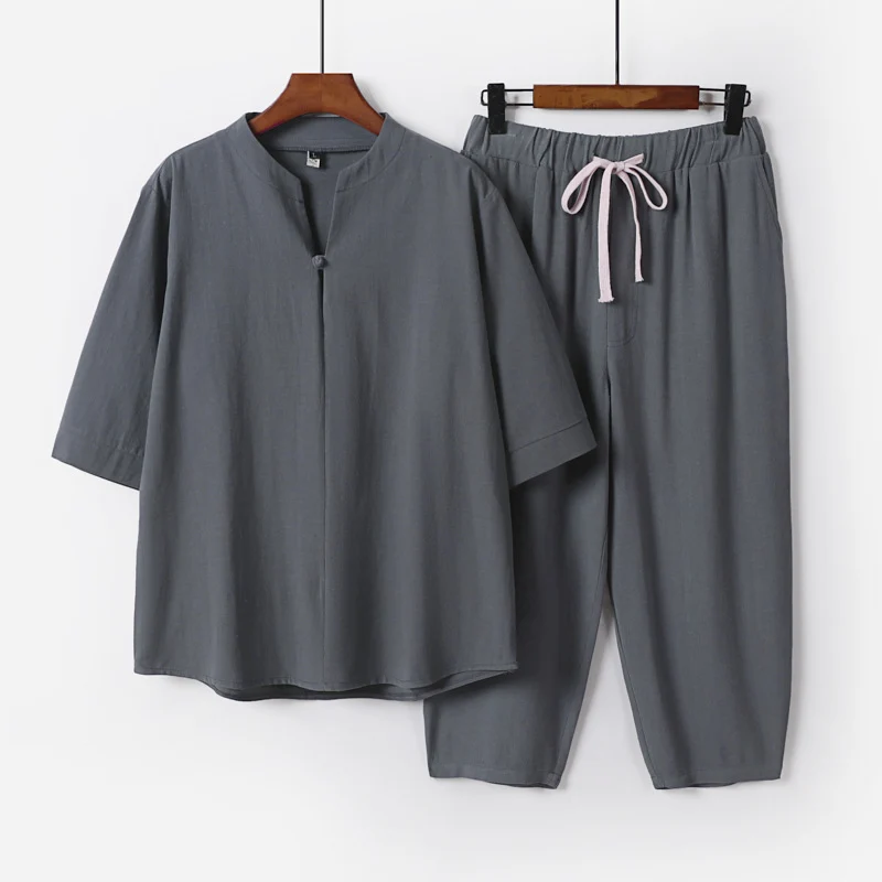Damen Leichtes Leinen-Baumwoll-Loungewear-Set mit Stehkragen, Dreiviertelärmeln und Gummizugbundhose Drune