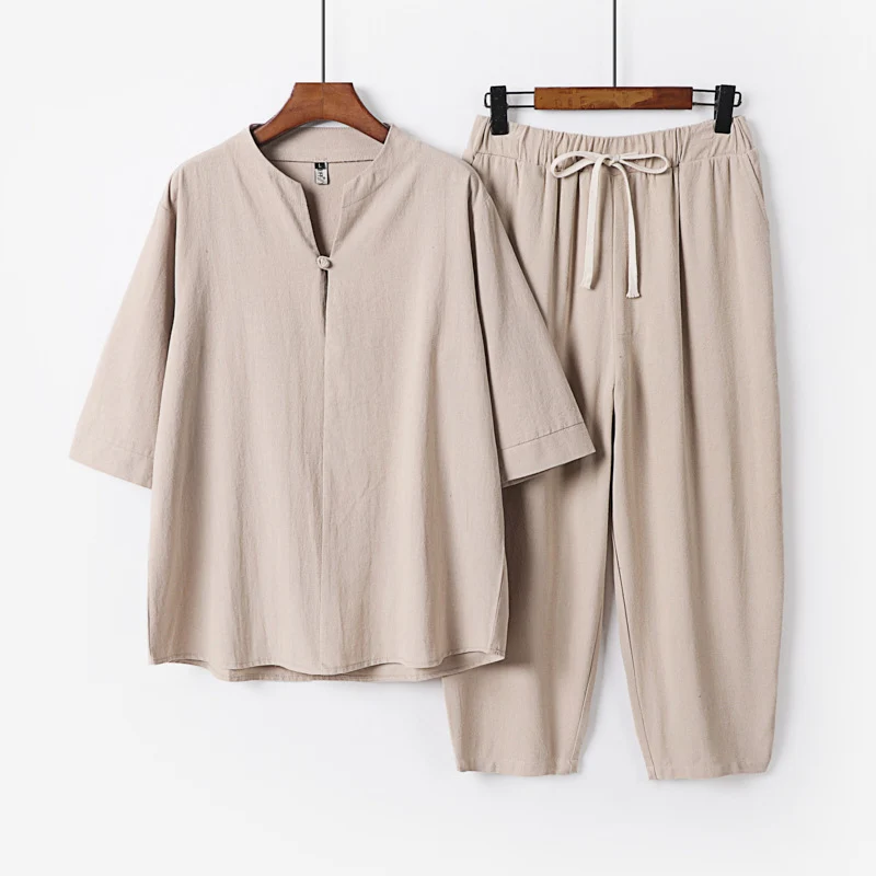 Damen Leichtes Leinen-Baumwoll-Loungewear-Set mit Stehkragen, Dreiviertelärmeln und Gummizugbundhose Drune