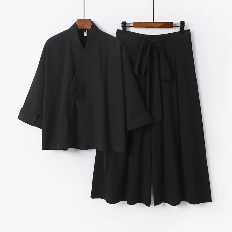 Damen Leichtes Kimono-Loungewear-Set mit V-Ausschnitt dreiviertelärmeln und weiten Palazzo-Hosen Drune