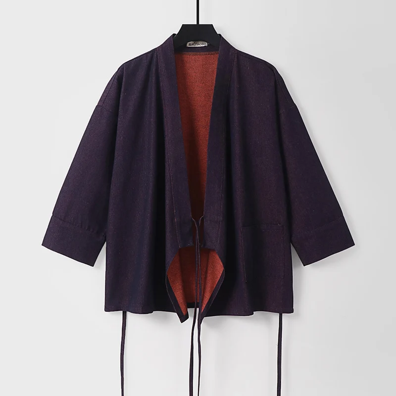Damen Leichte zweifarbige Kimono-Jacke mit Bindebändern und kontrastiertem Innenfutter Drune