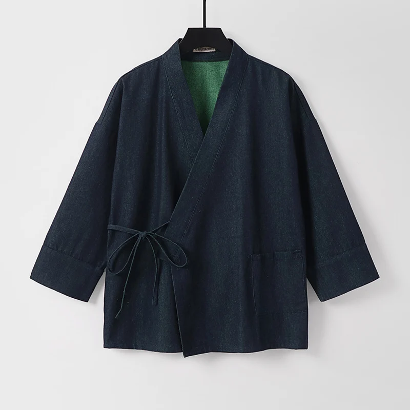 Damen Leichte zweifarbige Kimono-Jacke mit Bindebändern und kontrastiertem Innenfutter Drune