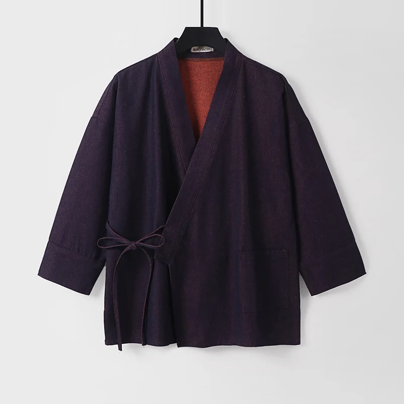 Damen Leichte zweifarbige Kimono-Jacke mit Bindebändern und kontrastiertem Innenfutter Drune
