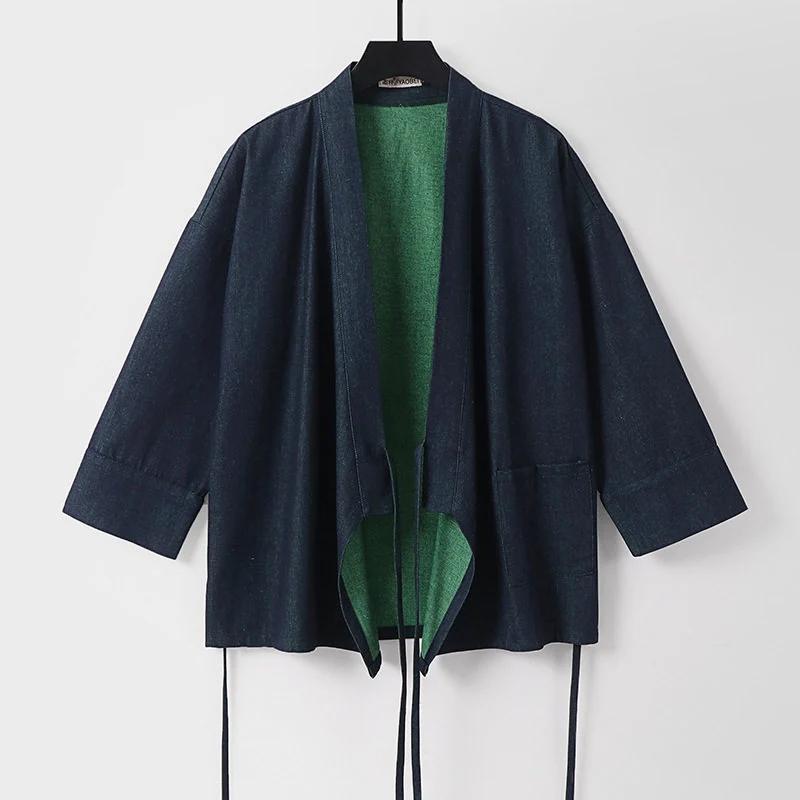 Damen Leichte zweifarbige Kimono-Jacke mit Bindebändern und kontrastiertem Innenfutter Drune
