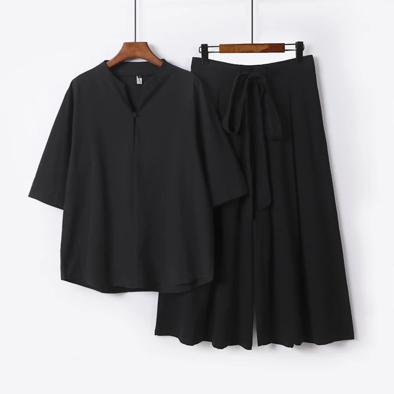 Damen Lässiges Leinen-Viskose Lounge-Set mit Stehkragen-Oberteil und weiten Palazzo-Hose Drune