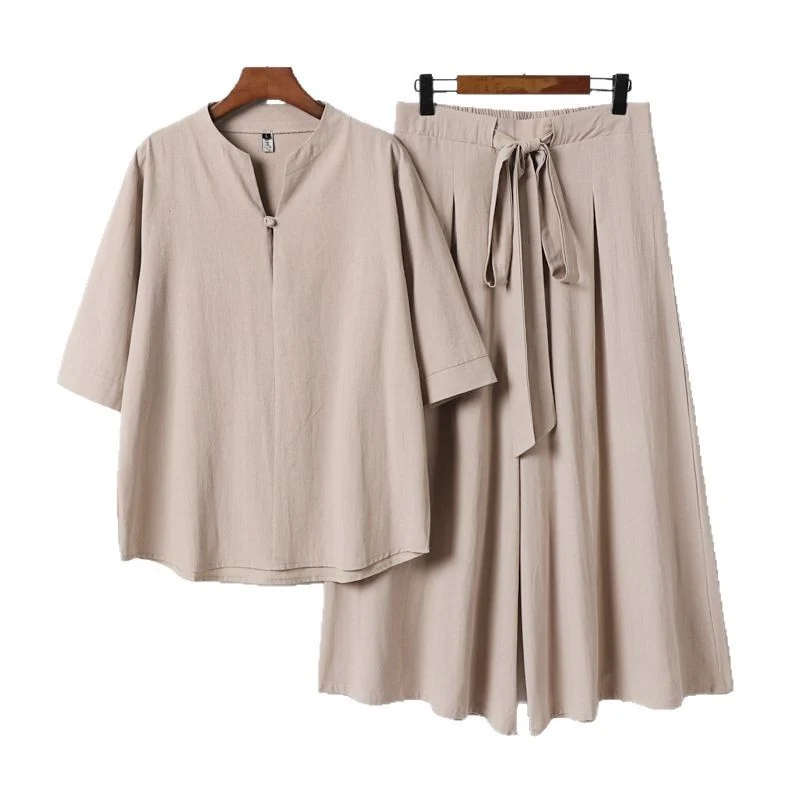 Damen Lässiges Leinen-Viskose Lounge-Set mit Stehkragen-Oberteil und weiten Palazzo-Hose Drune