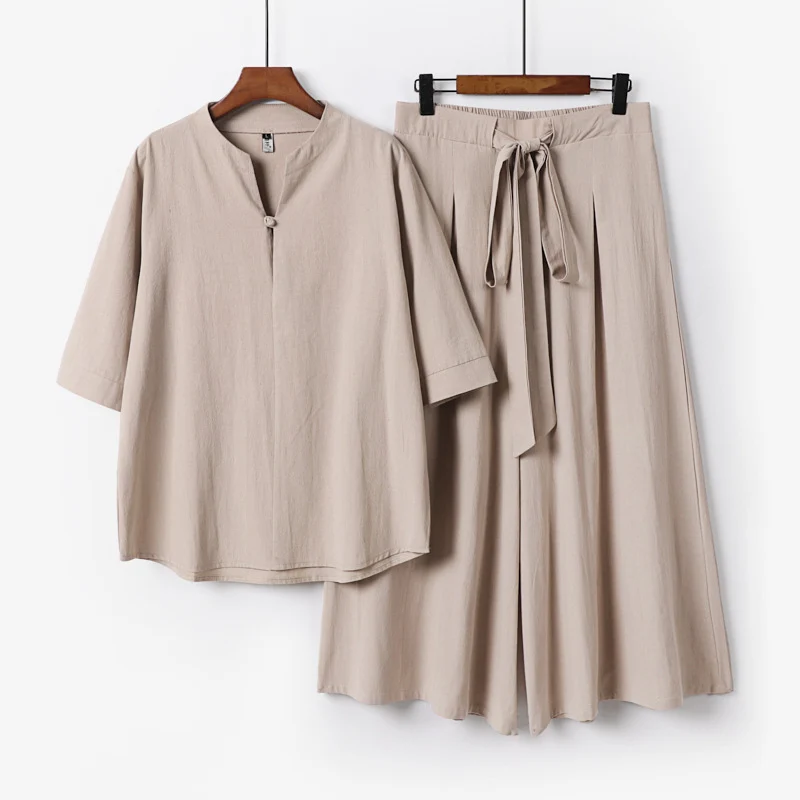 Damen Lässiges Leinen-Viskose Lounge-Set mit Stehkragen-Oberteil und weiten Palazzo-Hose Drune
