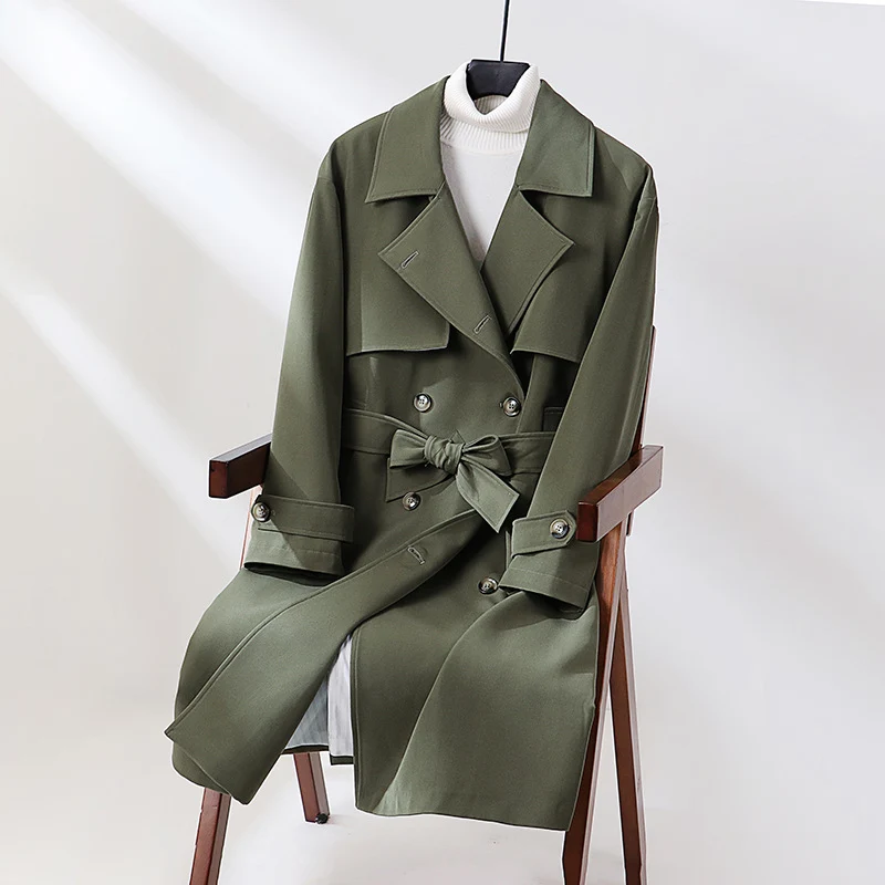 Damen Langer taillierter Trenchcoat mit weitem Schalkragen und Bindegürtel Drune