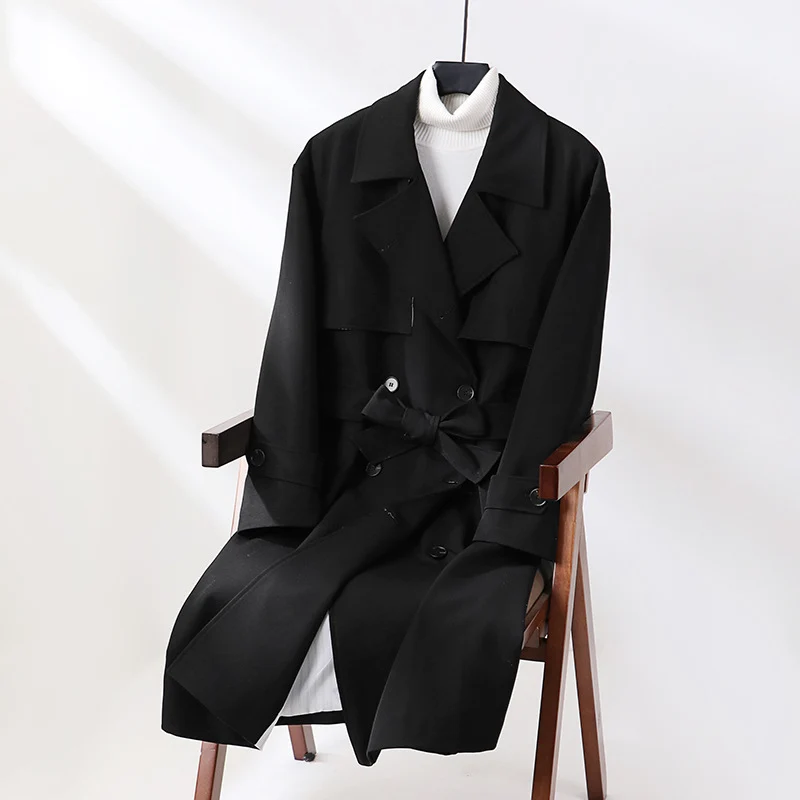 Damen Langer taillierter Trenchcoat mit weitem Schalkragen und Bindegürtel Drune