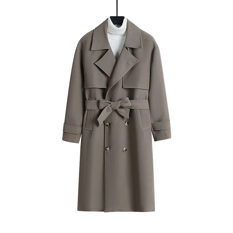 Damen Langer taillierter Trenchcoat mit weitem Schalkragen und Bindegürtel Drune
