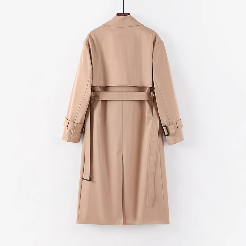 Damen Langer taillierter Trenchcoat mit Bindegürtel und weitem Schalkragen Drune