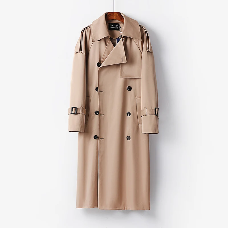 Damen Langer Doppelreihiger Trenchcoat mit Bindegürtel und Epauletten Drune