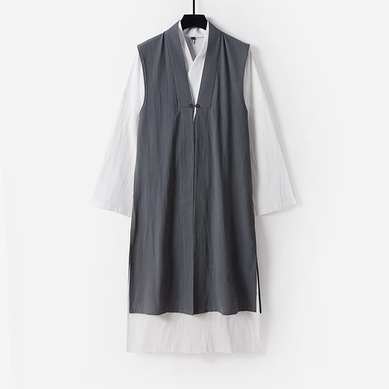 Damen Langer ärmelloser Kimono-Weste mit minimalistischer Linienführung und dekorativem Knebelverschluss Drune
